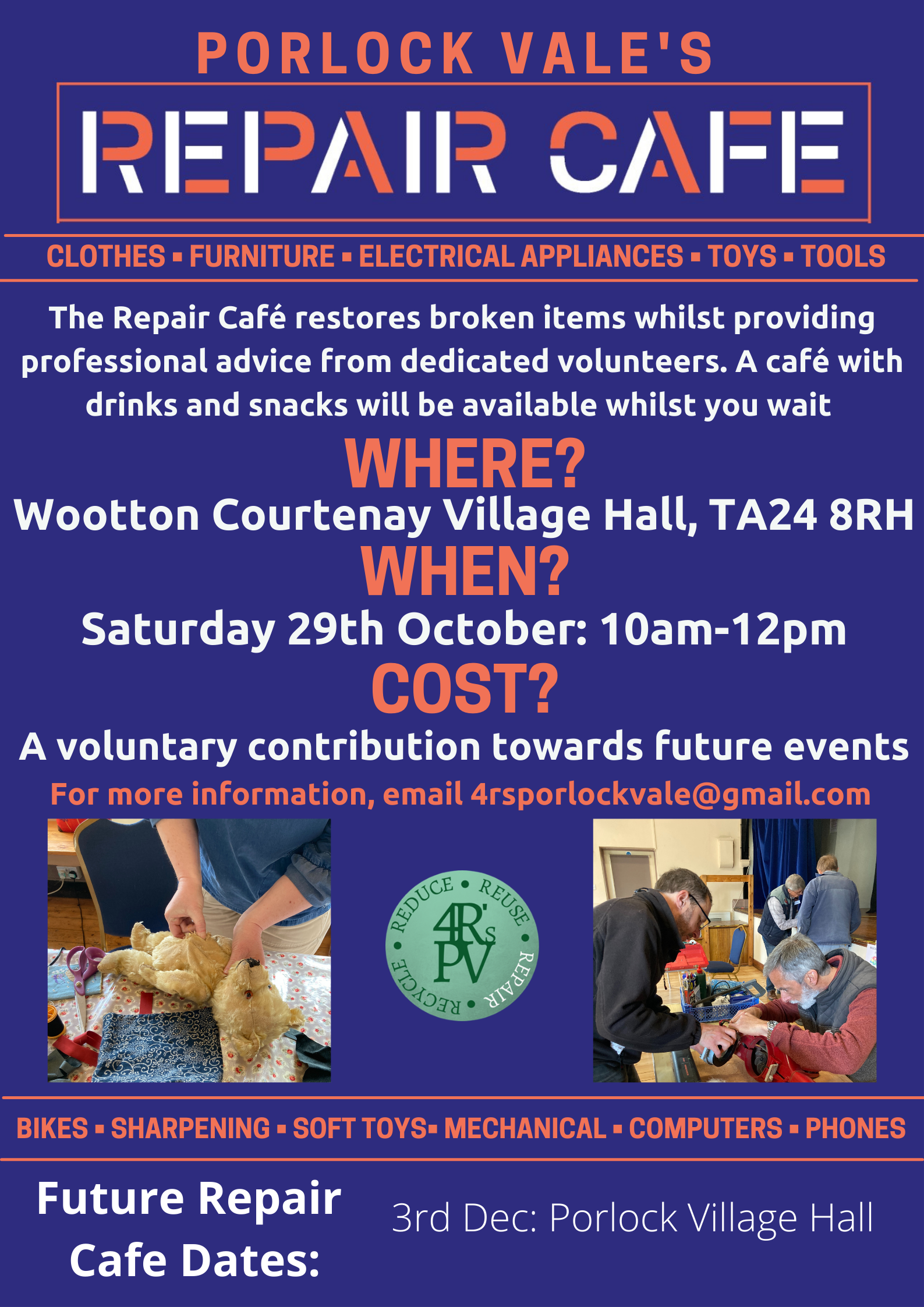 Porlock Vale Repair Cafe Poster Oct 28th 2022